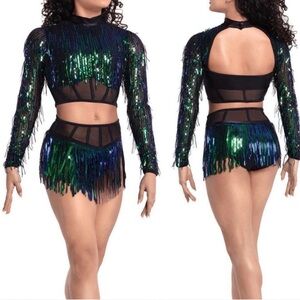 Revolution Kids Dance Costume in Black and Green Sequins